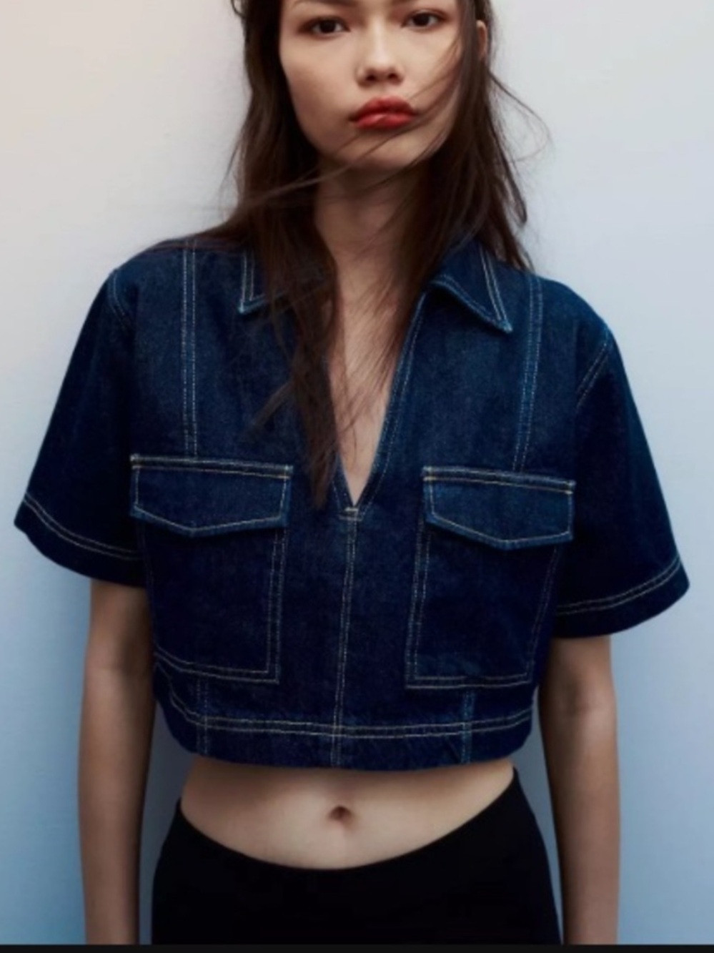 NWT ZARA DARK DENIM CROPPED SHORT SLEEVE SHIRT TOP S
